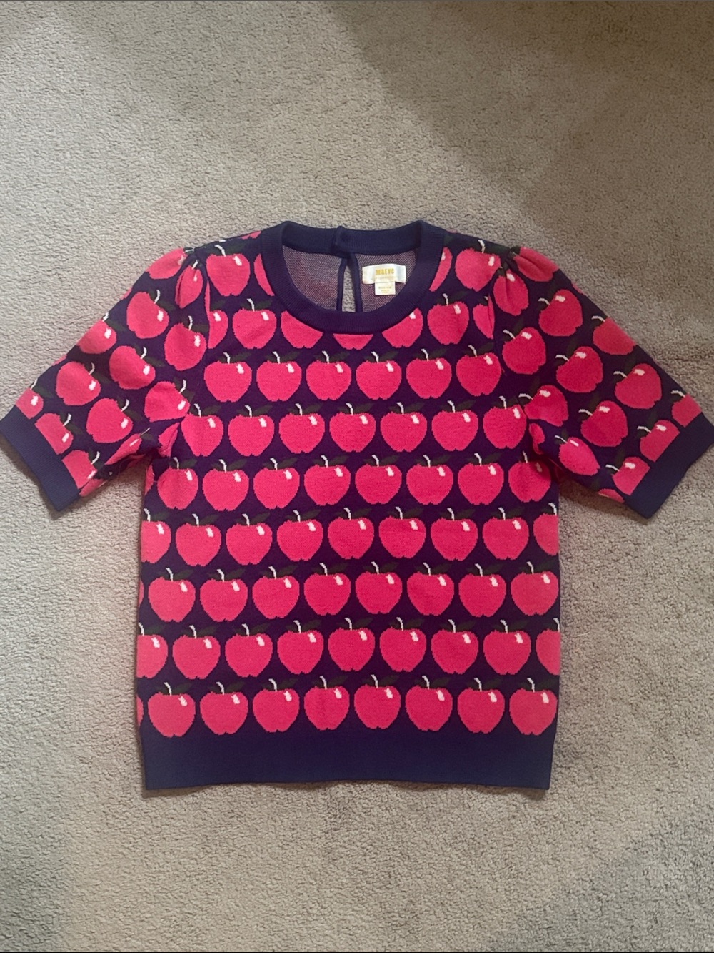Anthropologie Maeve Navy Short-Sleeve Sweater with Red Apple Motif! - Picture 5 of 8
